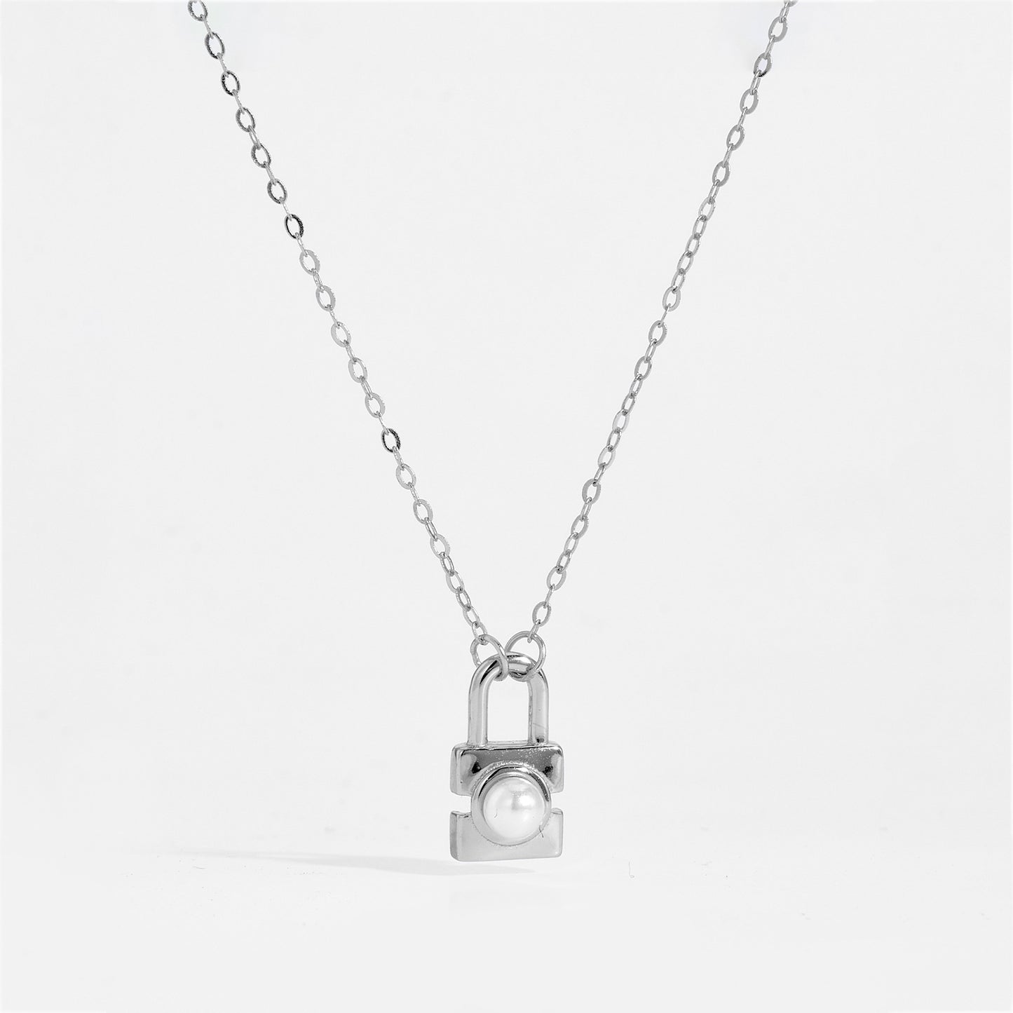 S925 Sterling Silver Small Lock Pendant Pearl Necklace