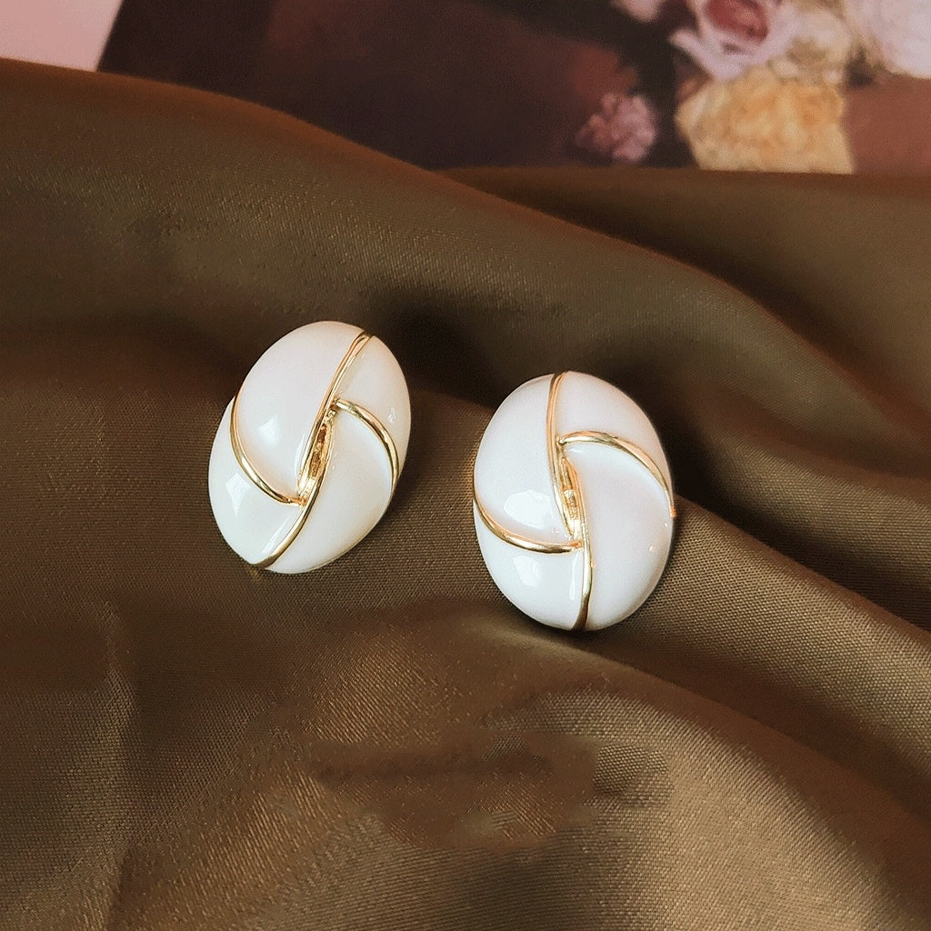 Cream 925 Silver Needle Plated 14K Drip Glazed Oval Geometric Ear Studs