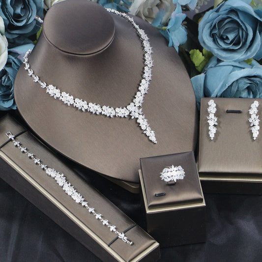 Bridal Wedding Dinner Jewelry Suit Fashion Rose Zircon Necklace Earrings Four-piece Set