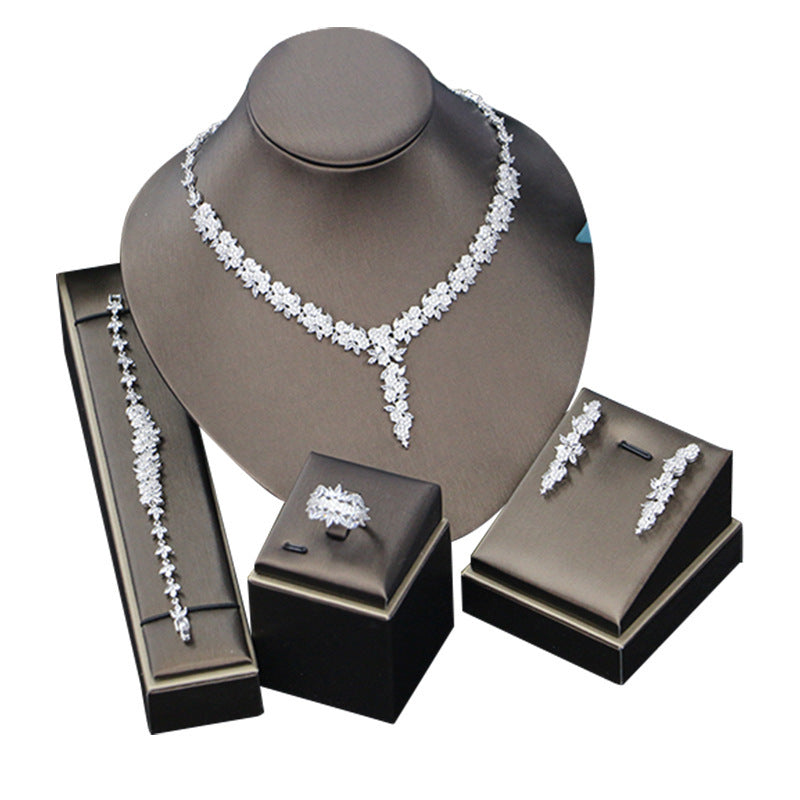 Bridal Wedding Dinner Jewelry Suit Fashion Rose Zircon Necklace Earrings Four-piece Set