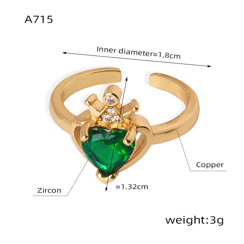 Light Luxury Fashion All-match Copper Material Heart-shaped Zircon Crown Open Ring