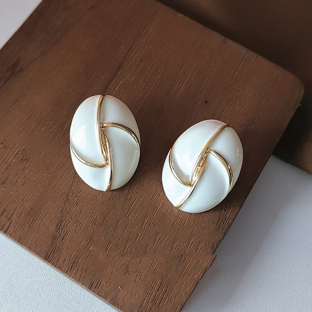 Cream 925 Silver Needle Plated 14K Drip Glazed Oval Geometric Ear Studs