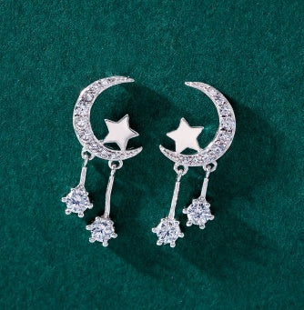 Korean Style 925 Sterling Silver Zircon Star And Moon Tassel Earrings